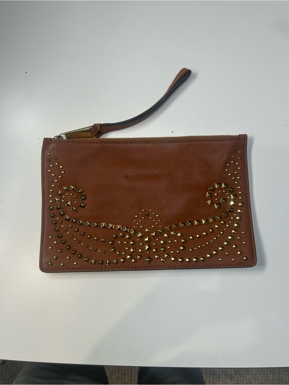 Michael Kors Brown Leather Wristlet with Gold Stud Embellishments